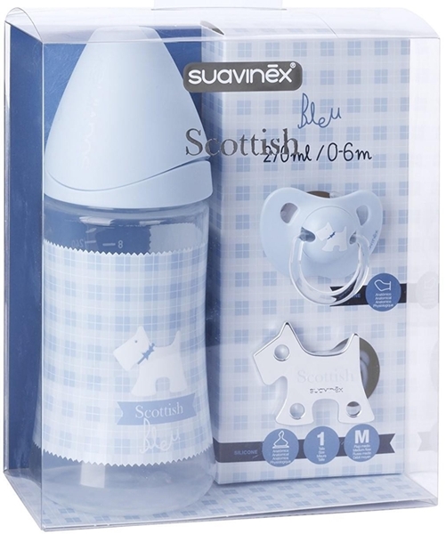 Picture of Suavinex Σετ Δώρου Scottish Μπιμπερό, Πιπίλα & Κλιπ Πιπίλας Baby Blue 270ml