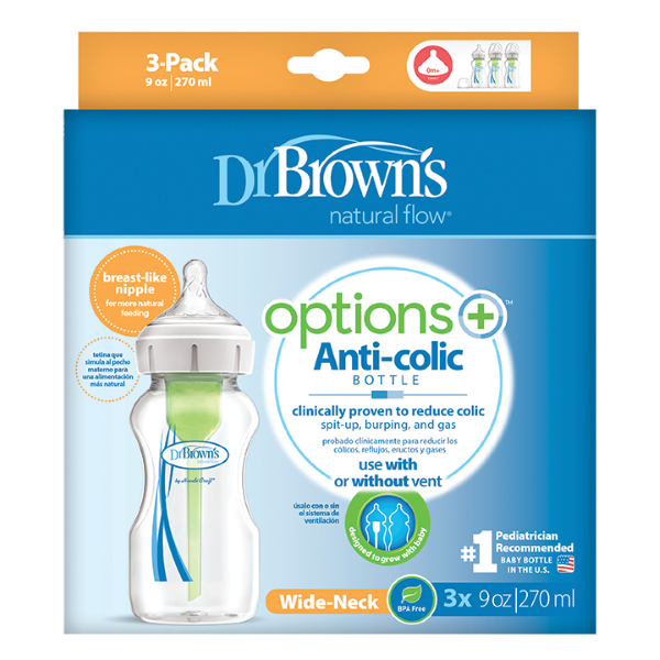 Dr. Brown's Natural Flow® Options+™ Πλαστικό Μπιμπερό Με Φαρδύ Λαιμό 270ml. 3 τεμ.