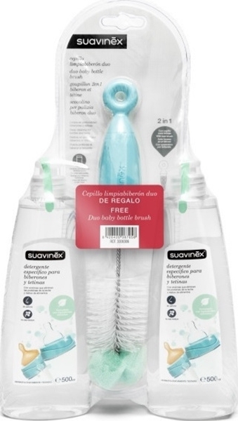 Suavinex Duo Baby Bottle Brush Υγρό Καθαριστικό για Βρεφικά Σκεύη και Βούρτσα Καθαρισμού 2x500ml