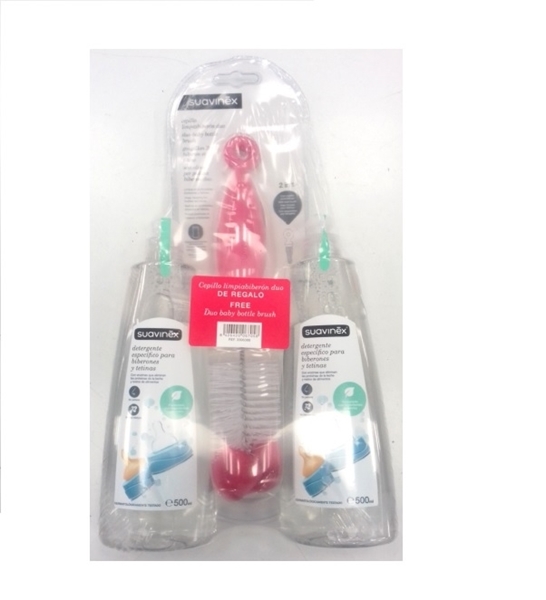 Suavinex Duo Baby Bottle Brush Υγρό Καθαριστικό για Βρεφικά Σκεύη και Ροζ Βούρτσα Καθαρισμού 2x500ml