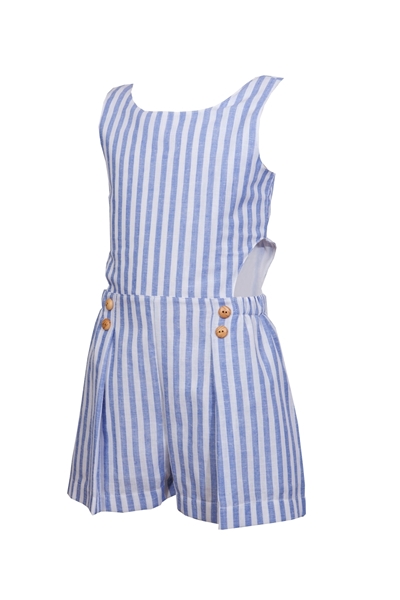 M&B Fashion Ολόσωμη Φόρμα Σόρτς Με Ξύλινα Κουμπιά Και Ρίγες, Σιέλ