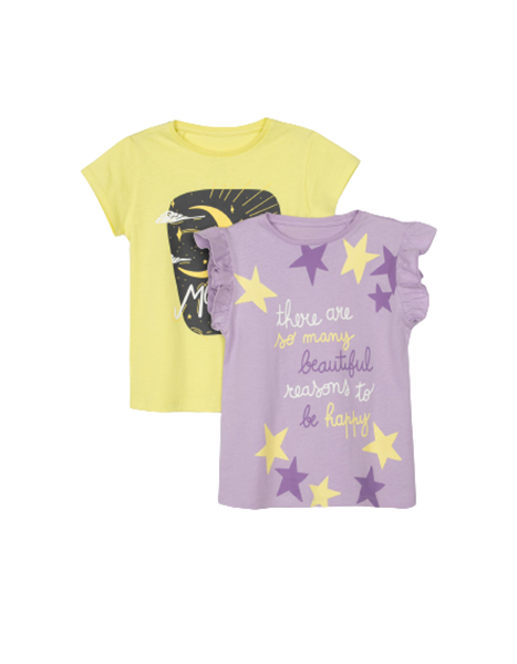 Zippy Παιδικό Σετ 2 Κοντομάνικες Μπλούζες Για Κορίτσι Αστέρια, Λιλά Κίτρινο 