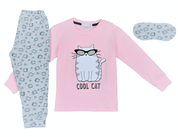 Εβίτα Fashion Hommies Παιδική Πυτζάμα Για Κορίτσι Καρδιές Με Μάσκα Cool Cat, Ροζ 
