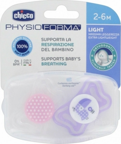 Chicco Πιπίλα Physio Forma Light, Όλο σιλικόνη Pink/Purple Tucan 2-6m 2τμχ
