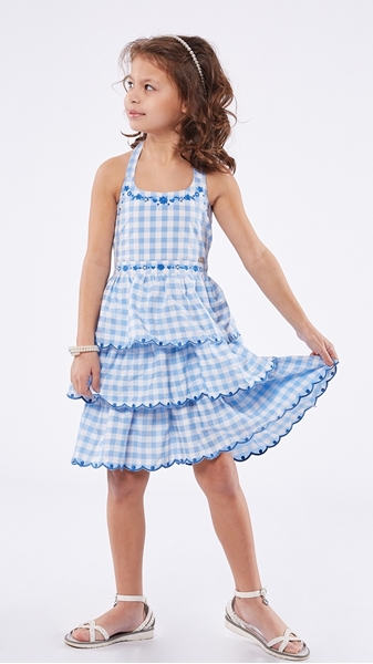 Picture of Εβίτα Fashion Παιδικό Φόρεμα Μακρύ Για Κορίτσια Καρώ, Σιέλ