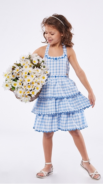Picture of Εβίτα Fashion Παιδικό Φόρεμα Μακρύ Για Κορίτσια Καρώ, Σιέλ