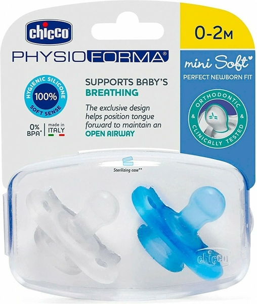 Chicco Πιπίλα Σιλικόνης Physio Mini Soft Σιέλ 0-2m 2τμχ