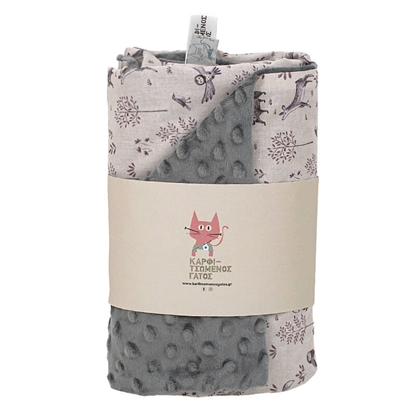 Καρφιτσωμένος Γάτος - Βρεφική Κουβέρτα Βελουτέ Forest Animals Dark Grey 110x75cm