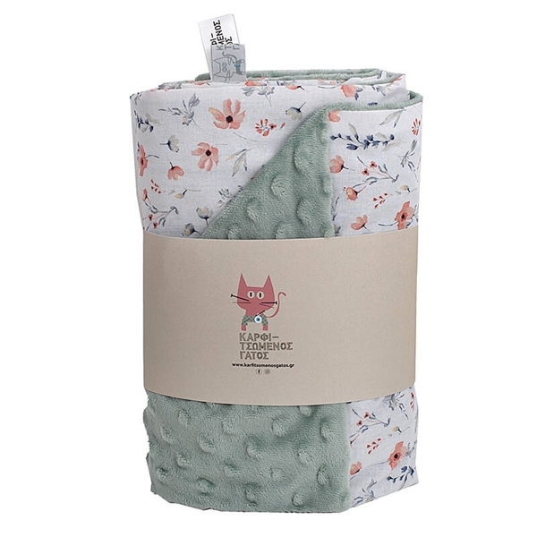 Καρφιτσωμένος Γάτος - Βρεφική Κουβέρτα Βελουτέ Salmon Flowers Dusty Green 110x75cm