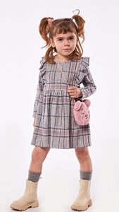 Εβίτα Fashion Παιδικό Φόρεμα Με Τσαντάκι Καρώ , Γκρί Σκούρο