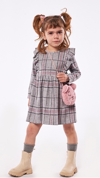Εβίτα Fashion Παιδικό Φόρεμα Με Τσαντάκι Καρώ , Γκρί Σκούρο