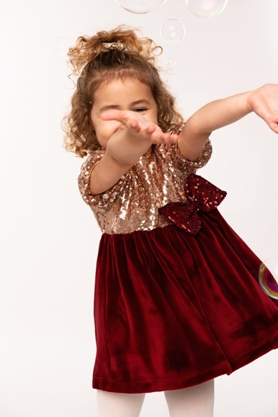 Funky Παιδικό Αμπιγιέ Φόρεμα Μακρυμάνικο Παγιέτες Και Βελούδο, Μπορντώ