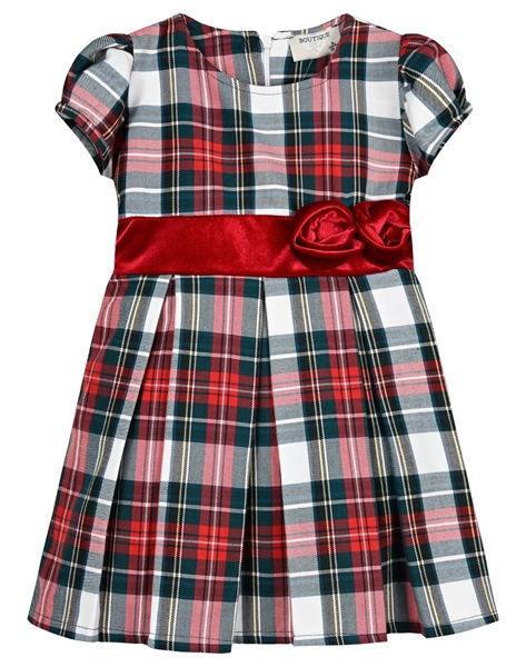  Energiers Παιδικό Καρώ Φόρεμα Με Βελούδινη Ζώνη, Κόκκινο