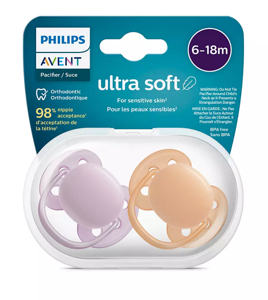 Philips Avent Πιπίλα Ultra Soft 6-18 μηνών+ Μωβ/Πορτοκαλί (2 τεμάχια)