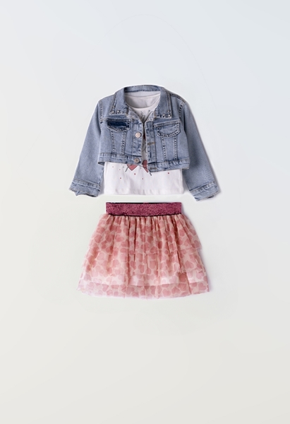 Εβίτα Fashion Παιδικό Σετ 3Τμχ Μπουφάν Τζιν Και Φούστα Με Τούλι, Ροζ