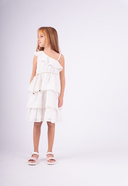  Εβίτα Fashion Φόρεμα Κιπούρ Με Λοξό Ώμο, Λευκό 