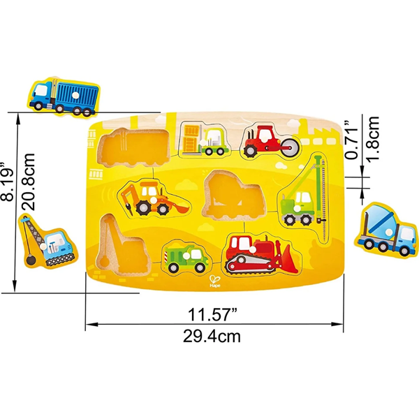 Hape Happy Puzzles Ξύλινο Παζλ Οχήματα Construction Peg